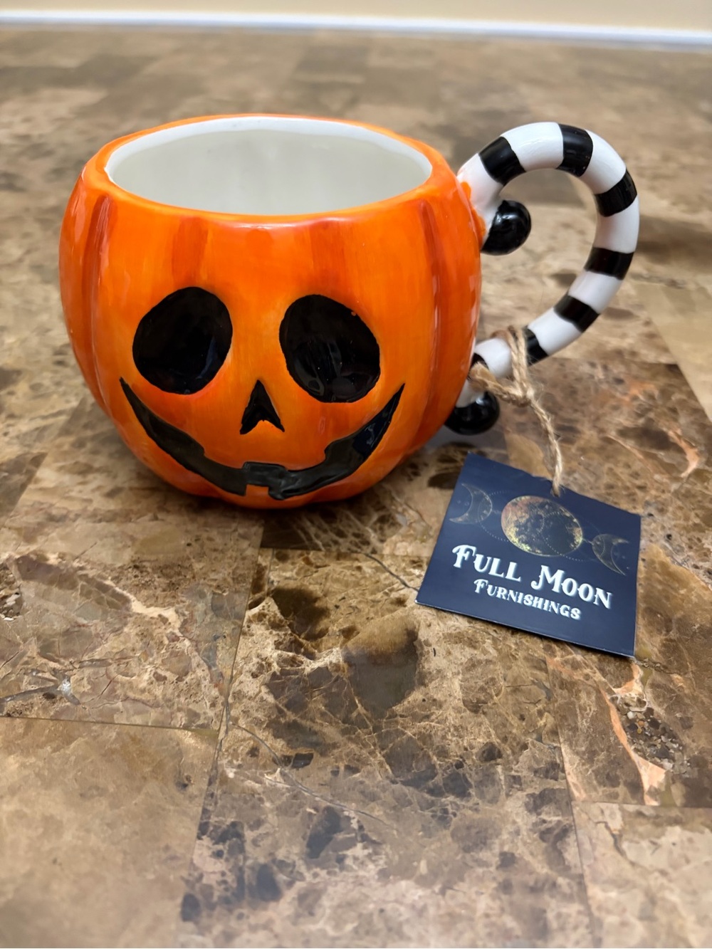 Orange Jack-O'-Lantern Ceramic Mug with Striped Handle